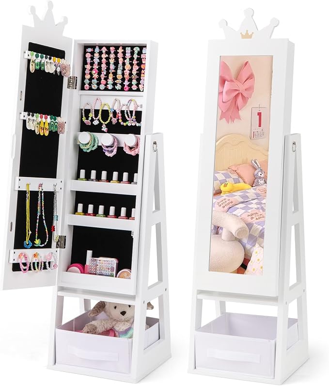 CHARMAID Kids Jewelry Cabinet - 45.5'' Standing Jewelry Armoire with Full Length Mirror, Storage Drawer and Back Shelf, Kids Jewelry Organizer Box Vanity Dressing Mirror for Girls (White)