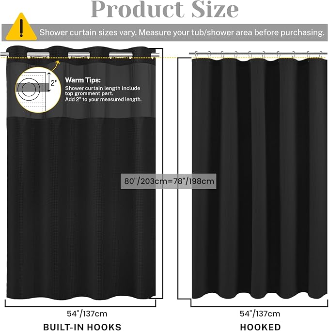 SORTTO No Hook Shower Curtain with Snap in Liner Set Waffle Shower Curtain for Bathroom Hotel Style Fabric Waterproof Inner Liner，54" W x 80" H, Black