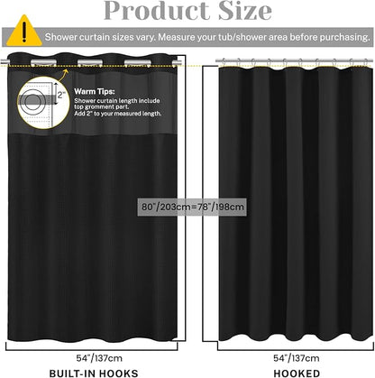 SORTTO No Hook Shower Curtain with Snap in Liner Set Waffle Shower Curtain for Bathroom Hotel Style Fabric Waterproof Inner Liner，54" W x 80" H, Black