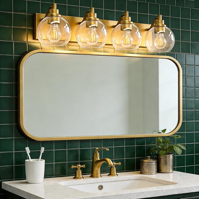 IZORRO Bathroom Light Fixtures, 4-Light Brushed Gold Vanity Light, Modern Wall Sconces with Globe Clear Glass Shade, Vanity Lighting Fixtures Over Mirror,E26 Bulb Socket