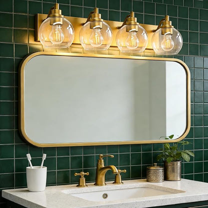 IZORRO Bathroom Light Fixtures, 4-Light Brushed Gold Vanity Light, Modern Wall Sconces with Globe Clear Glass Shade, Vanity Lighting Fixtures Over Mirror,E26 Bulb Socket
