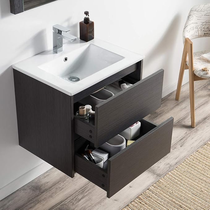 Blossom 24 Inch Bathroom Vanity with Sink - All Wood Floating Vanity Cabinet with Ceramic Sink - 2 Soft-Closing U-Shaped Cutout Drawers - Modern Bathroom Storage Vanities, Silver Grey Finish