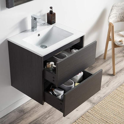Blossom 24 Inch Bathroom Vanity with Sink - All Wood Floating Vanity Cabinet with Ceramic Sink - 2 Soft-Closing U-Shaped Cutout Drawers - Modern Bathroom Storage Vanities, Silver Grey Finish