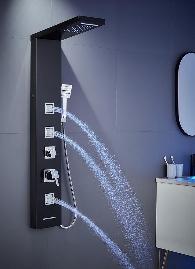 MENATT LED Shower Panel Tower System, Bathroom 5-Function Shower Panel Tower with LED Rainfall Waterfall Shower Head, Massage Jets, Tub Spout, Handheld Shower, Black