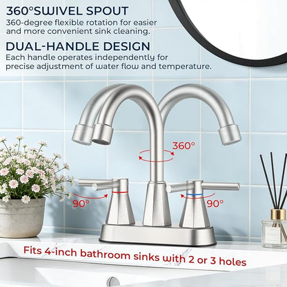 4-Inch Centerset Bathroom Sink Faucet 2-Handle, Brushed Nickel | Lead-free stainless steel, pop-up drain included, Detachable faucet aerator, 360°swivel spout, for vanity sink 3-hole mount