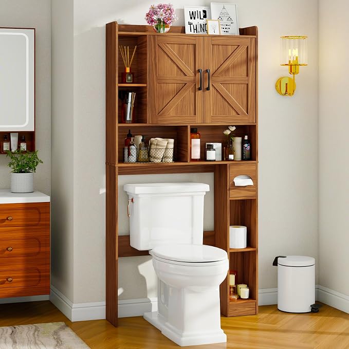 Vabches Over The Toilet Storage Cabinet with 2 Barn Doors, Caramel | Farmhouse Storage Cabinet with Toilet Paper Holder Stand，Home Space-Saving Toilet Rack, for Bathroom, Restroom, Laundry