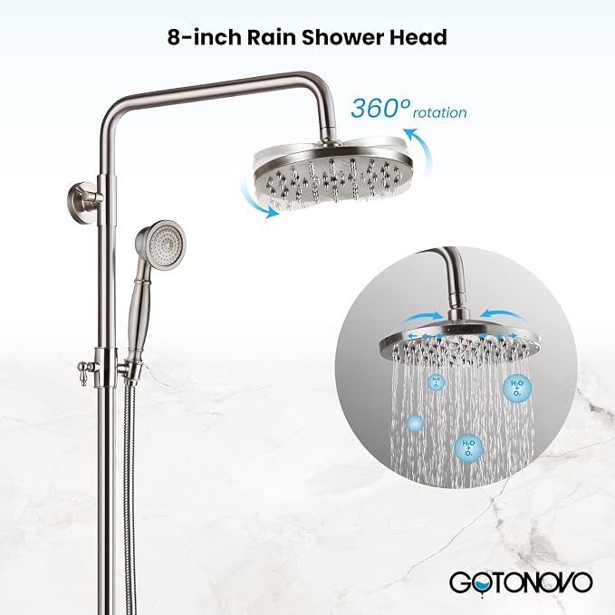 gotonovo Exposed Shower System with Shelf and Tub Spout,Brushed Nickel | Bathroom Shower Faucet Set with Shelf,8’’ Rain Head with Handheld Spray,2 Cross Handle,6’’ Hole Distance,Adjustable Height