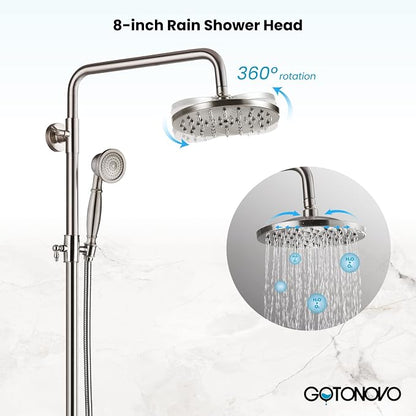 gotonovo Exposed Shower System with Shelf and Tub Spout,Brushed Nickel | Bathroom Shower Faucet Set with Shelf,8’’ Rain Head with Handheld Spray,2 Cross Handle,6’’ Hole Distance,Adjustable Height