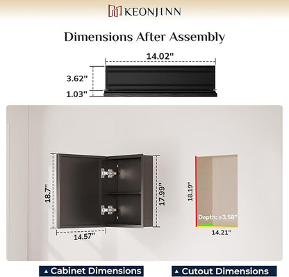 Keonjinn Small Medicine Cabinet Mirror 14" x 18", Assembly Needed, Black Bathroom Medicine Cabinet with Mirror, Beveled Framed, Stepless Adjustable Shelf, One Shelf Only, Wall-Mounted or Recessed
