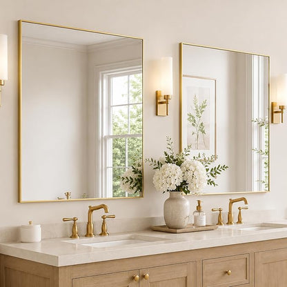 30"x36" Brushed Gold Framed Rectangle Bathroom Vanity Wall Mirror | Over-Sink Vanity Mirror, Slim Metal Frame, Entryway or Dresser Use, Vertical/Horizontal Mount, Tempered Glass
