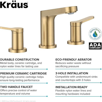 KRAUS Indy Widespread Bathroom Faucet in Spot-Free Brushed Brass with 2 Handles, Pop Up Drain and Supply Lines, FUS-14103SFBB