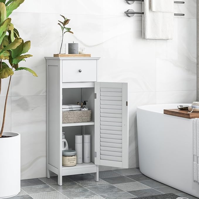 GIANTEX Bathroom Floor Storage Cabinet with Door and Drawer, White | Freestanding Side Cabinet with 3-Height Adjustable Shelf, Slim Cupboard, Storage Organizer Cabinet for Bedroom Living Room