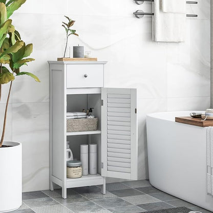 GIANTEX Bathroom Floor Storage Cabinet with Door and Drawer, White | Freestanding Side Cabinet with 3-Height Adjustable Shelf, Slim Cupboard, Storage Organizer Cabinet for Bedroom Living Room