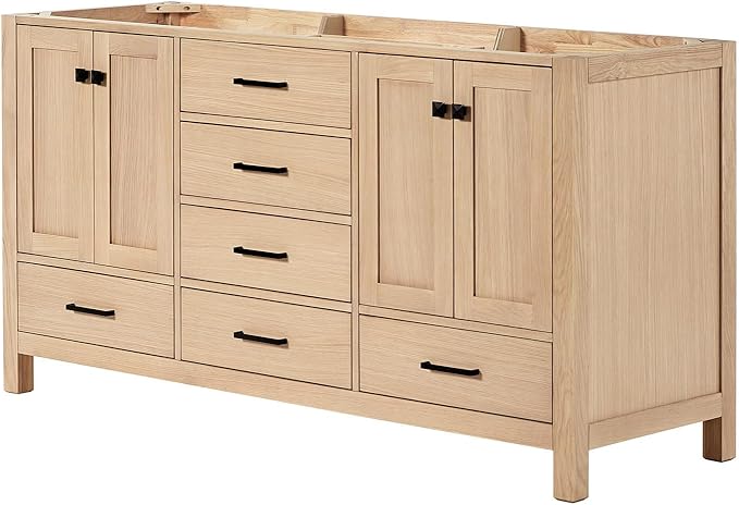 ARIEL Cambridge 66-inch Bathroom Vanity Base Cabinet,Solid Wood, 4 Soft Closing Doors, 6 Dovetail Drawers, White Oak