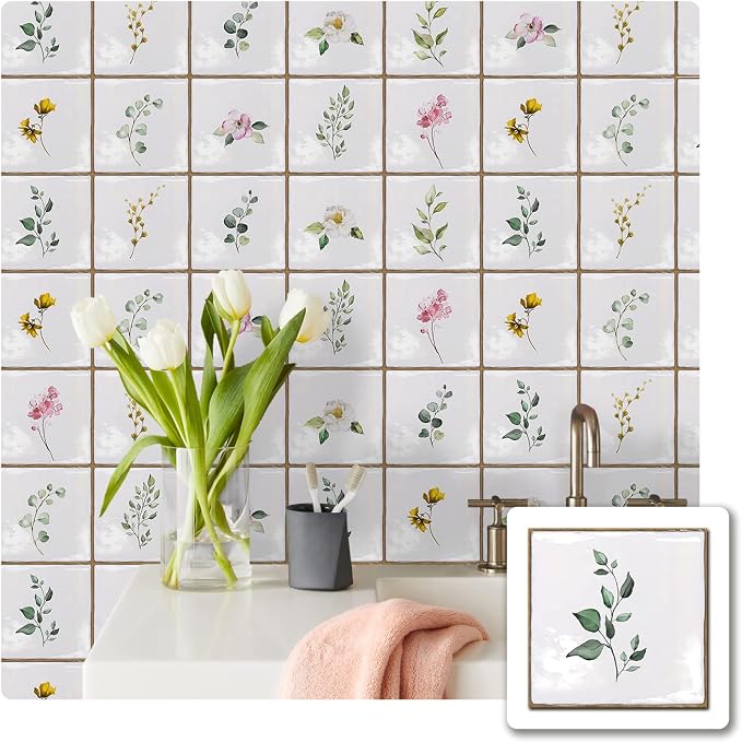 Alwayspon Vinyl Sticker Peel and Stick, Self-Adhesive Wall Tile Transfers Backsplash Sticker Decal for Kitchen Bathroom, 6x6inch/15x15cm 10Pcs, Leaves T031