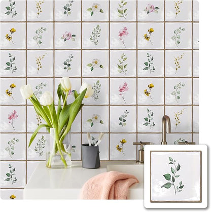 Alwayspon Vinyl Sticker Peel and Stick, Self-Adhesive Wall Tile Transfers Backsplash Sticker Decal for Kitchen Bathroom, 6x6inch/15x15cm 10Pcs, Leaves T031