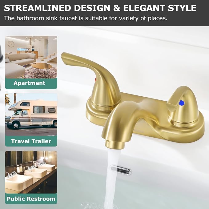 Brushed Gold Bathroom Faucet 4 Inch Centerset for Lavatory Sink | Mid Arc, 2 Handle Lead-Free RV Bathroom Faucet with Metal Pop Up Drain Supply Lines, for 2 or 3 Hole Lavatory Utility Sink