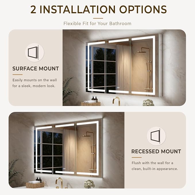WELLFOR 60" X 36" Bathroom Mirror Medicine Cabinet with 3X Magnification Makeup Mirror, LED Mirrored Cabinet, Bathroom Storage Mirror Cabinet, Three Opening Doors, Recessed or Surface