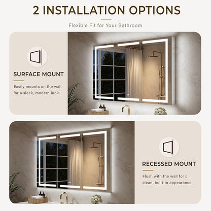 WELLFOR 60" X 36" Bathroom Mirror Medicine Cabinet with 3X Magnification Makeup Mirror, LED Mirrored Cabinet, Bathroom Storage Mirror Cabinet, Three Opening Doors, Recessed or Surface