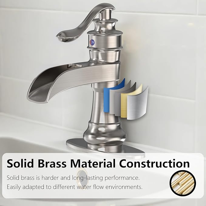 Brushed Nickel Bathroom Faucet Waterfall Single Hole Bathroom Sink Faucet | Brass Single Handle 1 Hole Farmhouse Faucets Lavatory Vanity with Overflow Pop Up Drain Parts by BATHLAVISH