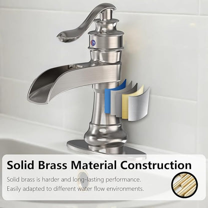 Brushed Nickel Bathroom Faucet Waterfall Single Hole Bathroom Sink Faucet | Brass Single Handle 1 Hole Farmhouse Faucets Lavatory Vanity with Overflow Pop Up Drain Parts by BATHLAVISH
