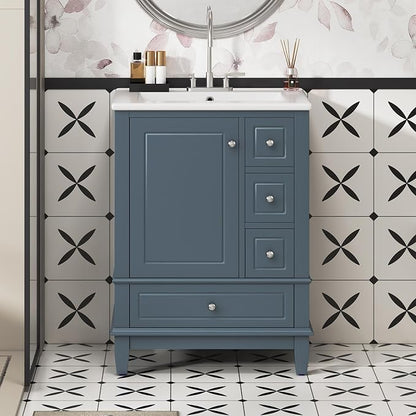 Bathroom Vanity with Ceramic Sink 24 Inch, Cabinet with One Door and Three Drawers, Soft-Closing Door, Solid Wood Legs, Blue Gray
