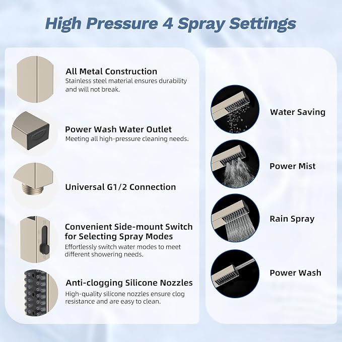 Hibbent 5-Mode 13" Rain Shower head, 4-Mode Handheld Shower, Brushed Nickel | cUPC Certified High Pressure Showerhead Combo, All Metal 4-way Diverter Extension Arm & Handheld Spray, 71'' Hose & Holder