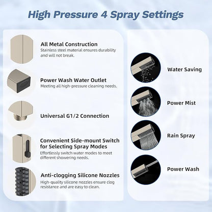 Hibbent 5-Mode 13" Rain Shower head, 4-Mode Handheld Shower, Brushed Nickel | cUPC Certified High Pressure Showerhead Combo, All Metal 4-way Diverter Extension Arm & Handheld Spray, 71'' Hose & Holder