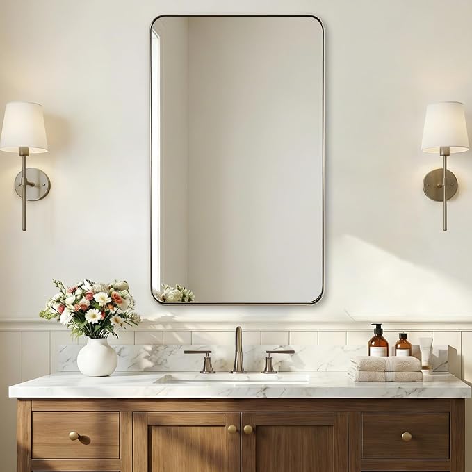 Brushed Champagne Bronze Mirrors for Bathroom Sink, 24x40 Inch Bathroom Vanity Mirror with Rectangular Metal Frame-Modern Clean Design with Superior Stainless Steel Frame