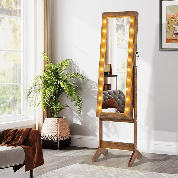 GOFLAME Jewelry Armoire Cabinet Standing, Lockable Full Length Mirror with Storage Shelves and 2 Drawers, Adjustable Tilt Angles, Stand Up Jewelry Box with Lighted Mirror (Rustic Brown)