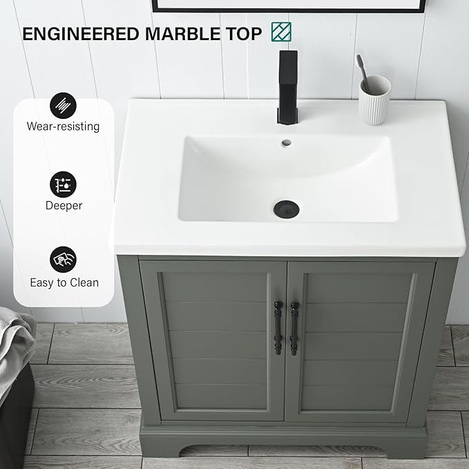 HOMEBEYOND 30 Inch Bathroom Vanity with Single Sink & Ceramic Top, Vanity Cabinet with Center Countertop Basin, Soft-Closing Doors, Vintage Green