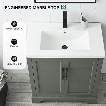 HOMEBEYOND 30 Inch Bathroom Vanity with Single Sink & Ceramic Top, Vanity Cabinet with Center Countertop Basin, Soft-Closing Doors, Vintage Green