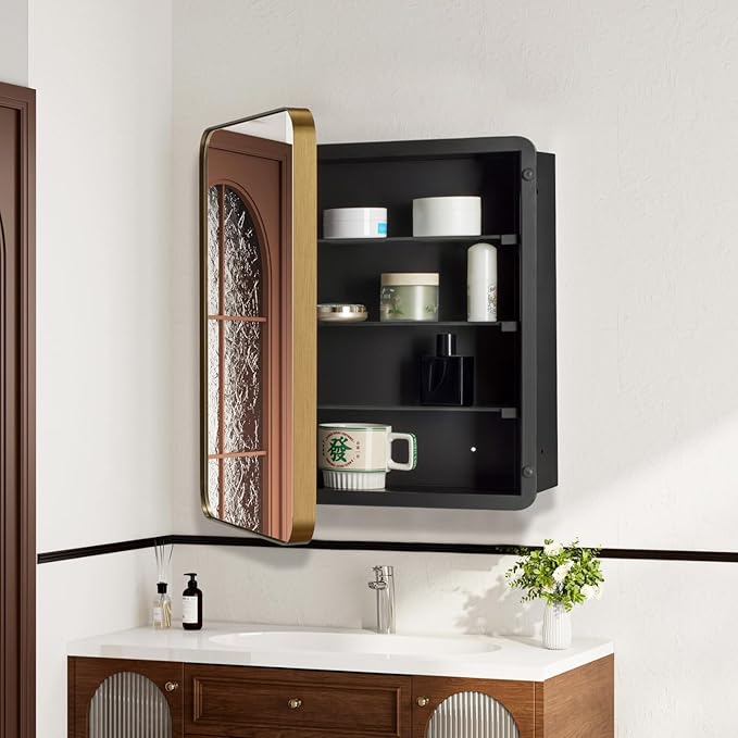 16’’x20’’ Medicine Cabinet,Metal Framed Medicine Cabinet Mirror with Round Corner,Recessed and Surface Mount Bathroom Mirror with Storage, Removeable Shelves,Gold