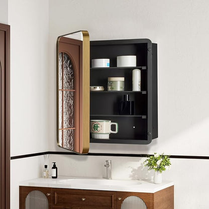 16’’x20’’ Medicine Cabinet,Metal Framed Medicine Cabinet Mirror with Round Corner,Recessed and Surface Mount Bathroom Mirror with Storage, Removeable Shelves,Gold