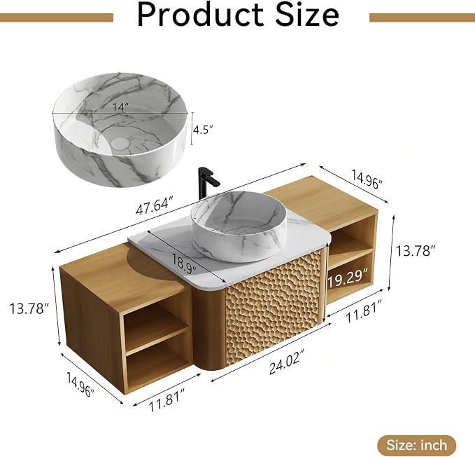 48 Inch Modern Bathroom Vanity with Ceramic Sink, Floating Bathroom Sink Cabinet with Sintered Stone Top&Solid Wood Hammered Frame, Single Bathroom Vanities w/Soft-Close Drawer&2 Side Open Cube