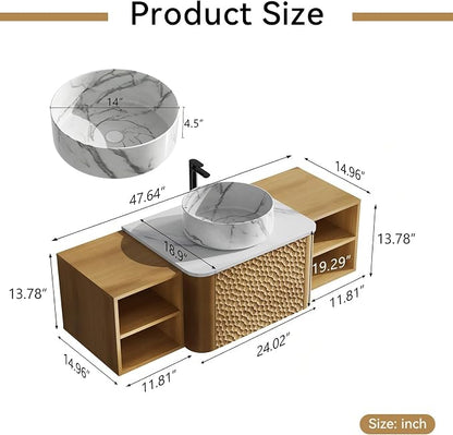 48 Inch Modern Bathroom Vanity with Ceramic Sink, Floating Bathroom Sink Cabinet with Sintered Stone Top&Solid Wood Hammered Frame, Single Bathroom Vanities w/Soft-Close Drawer&2 Side Open Cube