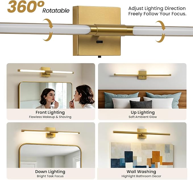 Epinl Gold Vanity Light for Bathroom, 32 inch 5CCT Dimmable Bathroom Lighting Fixture Over Mirror, Modern Brush Gold LED Vanity Lights, 360° Rotatable Bathroom Lights