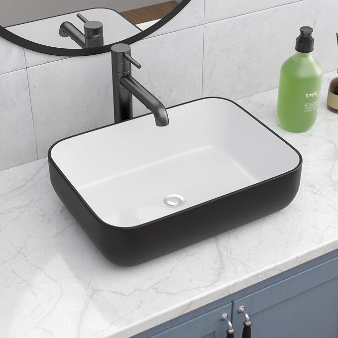 20x15 inch Rectangular Vessel Sink Above Counter Bathroom Sink | Black and White Bathroom Vessel Sink Above Counter Ceramic Porcelain Bathroom Vanity Sink Art Basin