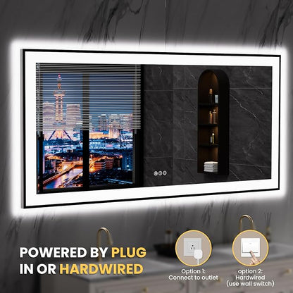 LOAAO 60"X28" LED Bathroom Mirror Black Framed | Anti-Fog, Dimmable, Memory Function, Tempered Glass, Lighted Vanity Mirror for Wall