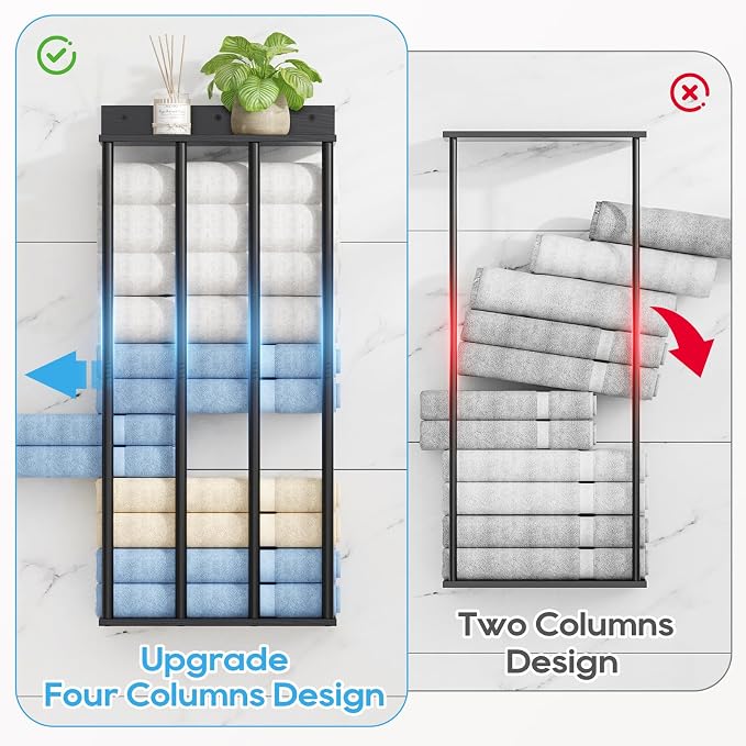 Wall Mounted 4-Bar Towel Rack with Wooden Shelf, Bathroom Storage Holder | Large Bathroom Towel Storage Rack for Rolled Towels, Modern Black Metal Towel Organizer Shelf with Wooden Storage Shelf