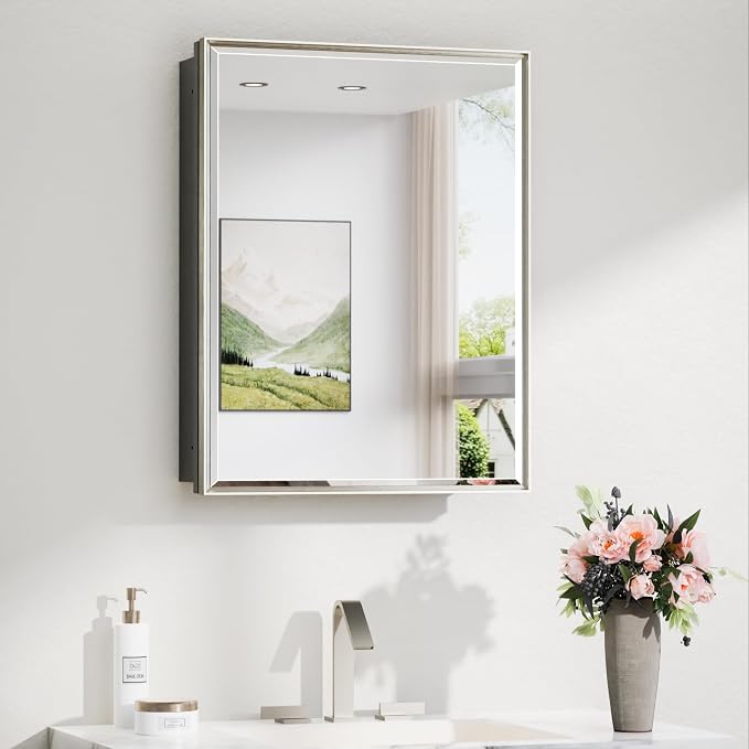 TokeShimi 20 x 26 Recessed Medicine Cabinet with Mirror, Brushed Nickel Bathroom Medicine Cabinet with Mirror Wall Mounted, Stepless Adjustable Shelves