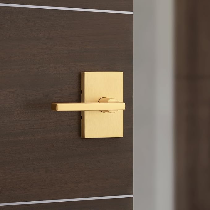 Kwikset Halifax Interior Passage Door Handle, Lever for Closet and Hallway Doors, Reversible Rectangle Non-Locking Handle Lever, Satin Brass, with Microban Protection