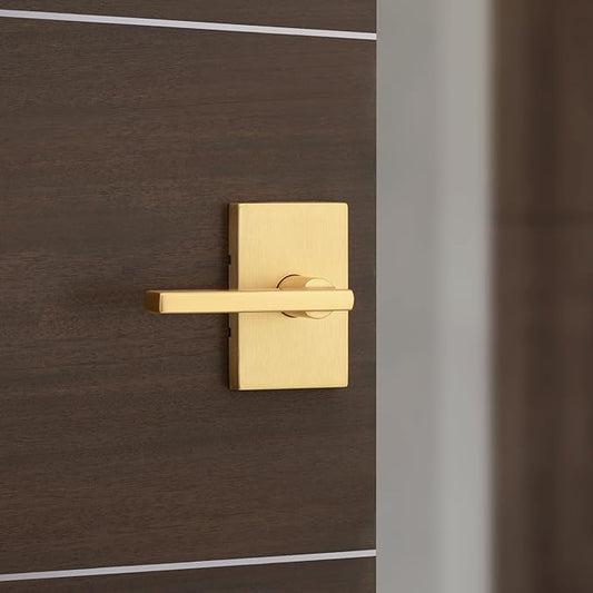 Kwikset Halifax Interior Passage Door Handle, Lever for Closet and Hallway Doors, Reversible Rectangle Non-Locking Handle Lever, Satin Brass, with Microban Protection