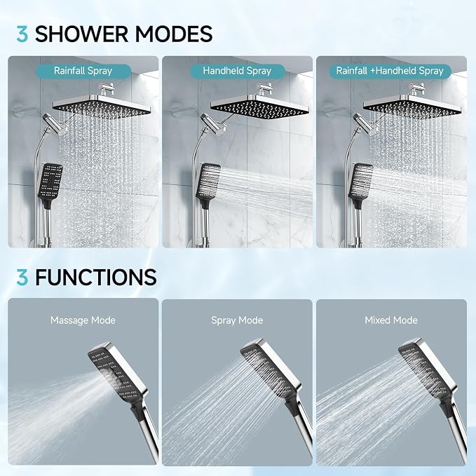 High Pressure Rain Shower Head with Handheld Spray Combo Set, Adjustable 12" Rainfall Dual Shower Head, Double&Tandem Shower Head, Waterfall Showerhead Bathroom -Silver Chrome