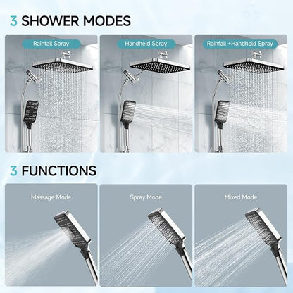 High Pressure Rain Shower Head with Handheld Spray Combo Set, Adjustable 12" Rainfall Dual Shower Head, Double&Tandem Shower Head, Waterfall Showerhead Bathroom -Silver Chrome