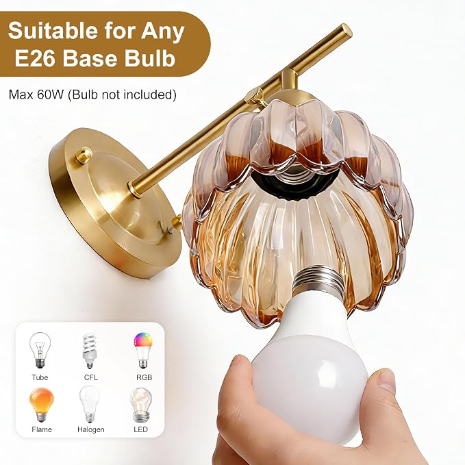 Vintage Wall Sconces with Cute Amber Tulip Glass Lampshade, Brass Sconces Hradwired Modern Wall Mounted Light Fixtures with Switch for Bedside Bedroom Living Room Wall Decor