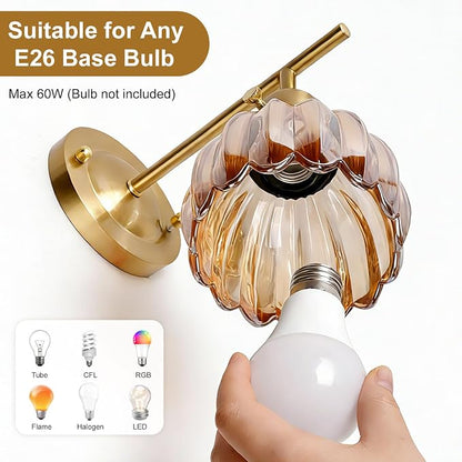 Vintage Wall Sconces with Cute Amber Tulip Glass Lampshade, Brass Sconces Hradwired Modern Wall Mounted Light Fixtures with Switch for Bedside Bedroom Living Room Wall Decor