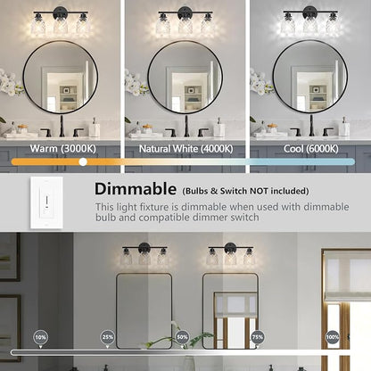 3-Light Vanity Light Over Mirror, Black Bathroom Light Fixtures | Modern Farmhouse Wall Lamp with Hammered Glass Lampshade for Kitchen Hallway Bedroom Living Room Cabinet Porch-18.1IN