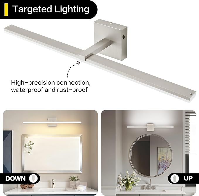 30 Inch Modern Vanity Light for Bathroom Brushed Nickel Over Cabinet Arm Extra Wide LED Bar 5CCT Selectable CRI85+ ETL