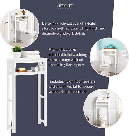 Derby Over-The-Toilet Storage Shelf – 44" Tall Modern Bathroom Space Saver with Open Shelves – Freestanding Organizer Rack for Toiletries & Towels by Alaterre Furniture (White)